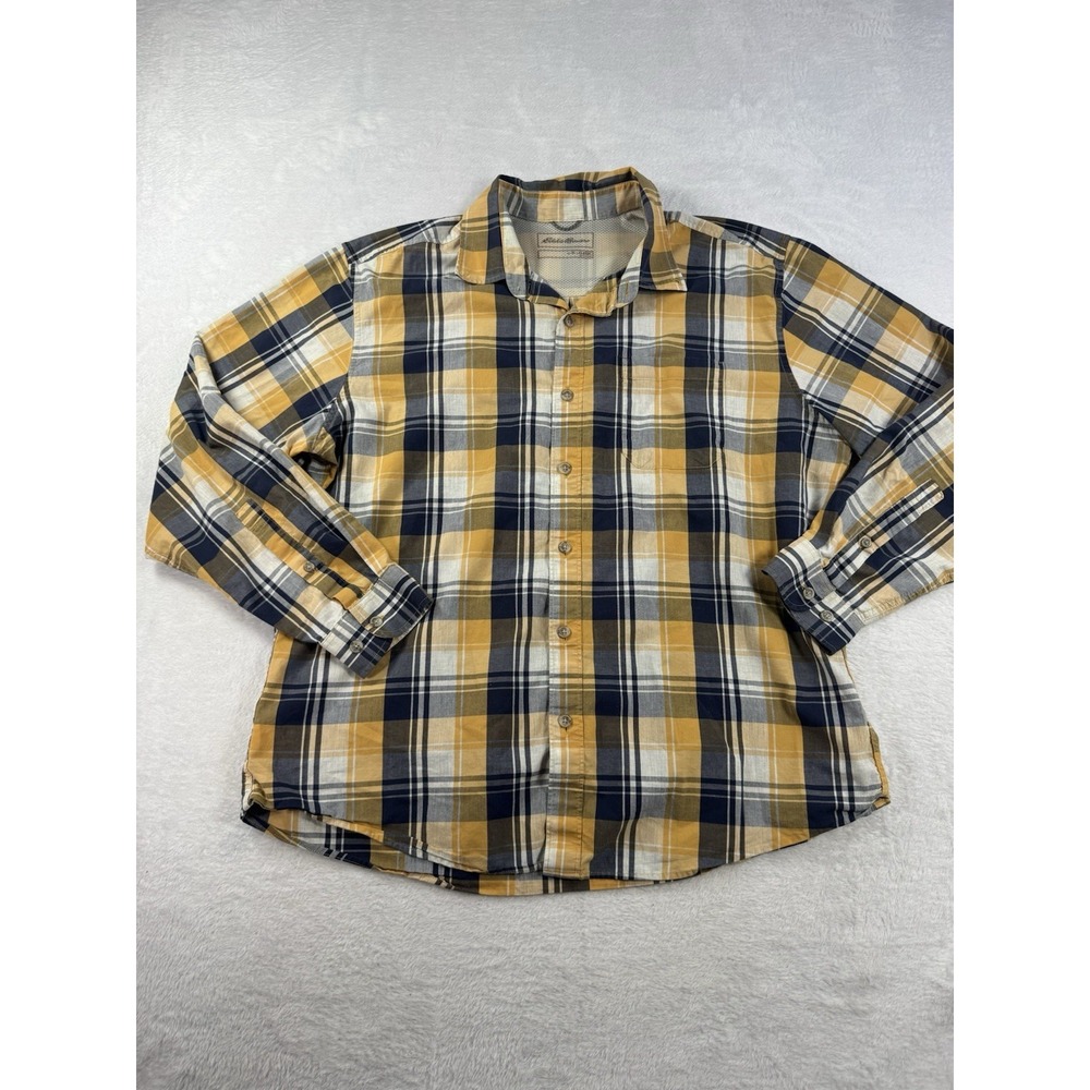 Eddie Bauer Classic Fit Yellow Black Plaid Casual Button Down Shirt Hiking XL